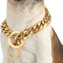 Gold Dog Collar 18K Gold P Chain 11MM/15MM/19MM Cuban Link Chain Collar Walking Trainning for Small Medium Large Dogs 12inch to 26inch(19mm,24inch)