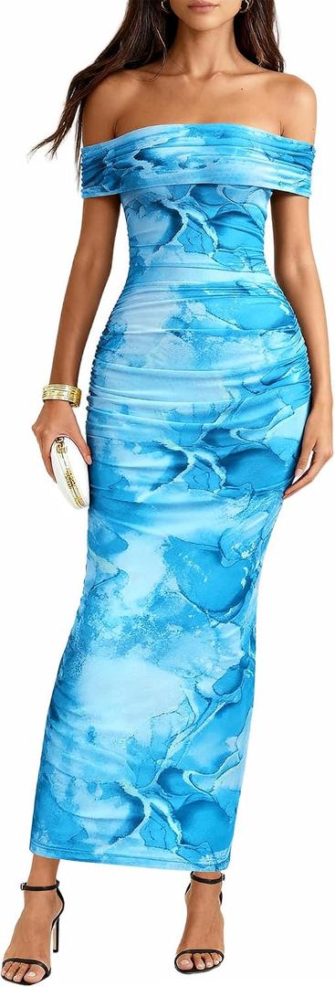 BTFBM Cocktail Dresses for Women 2026 Elegant Classy Off Shoulder Bodycon Mesh Slit Floral Maxi Spring Summer Dress (Blue, XL)