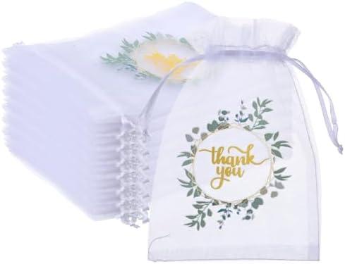 JOUTYFOR  Love Is Sweet Organza Bags for Wedding Treat 4 x 6 Inch Wedding Favor Candy Gift Bags Bulk Small Sheer Eucalyptus Leave Jewelry mesh pouches with Drawstring for Baby Shower Supply