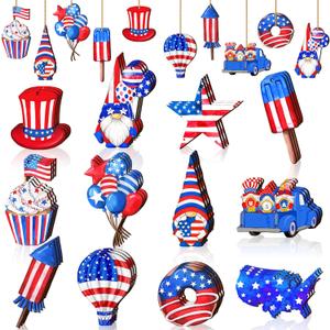Karenhi 36 Pcs 4th of July Patriotic Ornaments for Tree Wooden Memorial Day Decorations Red White Blue Hanging Ornament America Star Gnome Wood Cutout Independence Day Decor for Home Tree(Stylish)