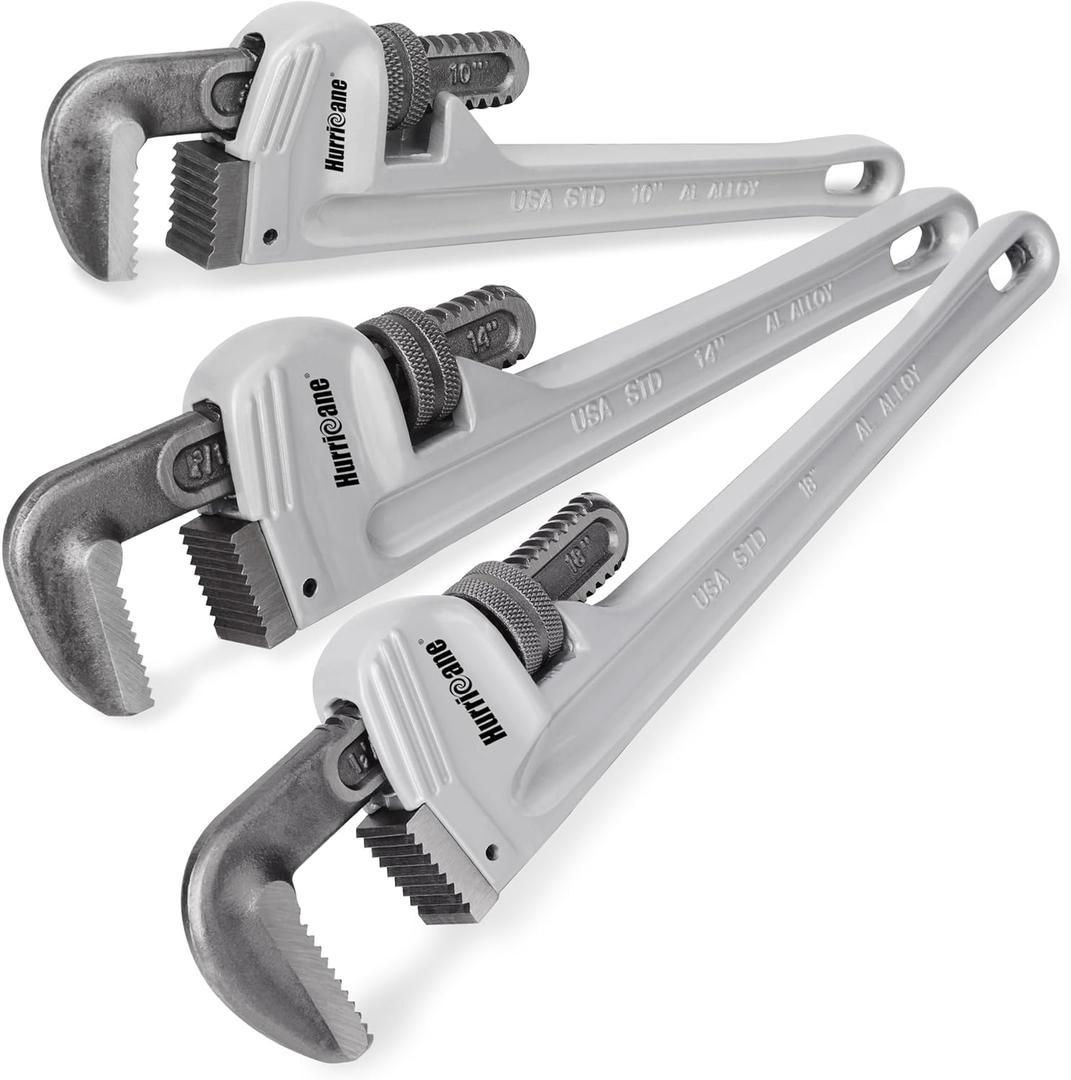 HURRICANE 3-Piece Aluminum Pipe Wrench Set (10", 14", 18"). Lightweight & Reliable Plumbing Wrench Kit for Home Maintenance and DIY Projects