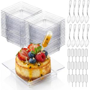 Mifoci 100 Set Mini Plastic Dessert Plates with Tasting Spoons and Pipettes, 2.5" Small Clear Disposable Square Appetizer Trays, Reusable Clear Plastic Mini Plates for Desserts Cake Fruit