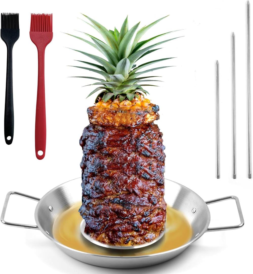 Fengzhe Al Pastor Skewer for GrillStainless Steel Vertical Skewer, Brazilian Spit Stand with 3 Spikes,2 Brushes,Ideal for Tacos Al Pastor,Shawarma, Kebabs on Smoker, Oven,with Fat Separator Tray