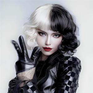 Black and White Wig for Women Cruella Deville Wig Short Curly Wavy Bob Wigs with Bangs Heat Resistant Synthetic Hair Wig for Daily Costume Cosplay Halloween Party Use