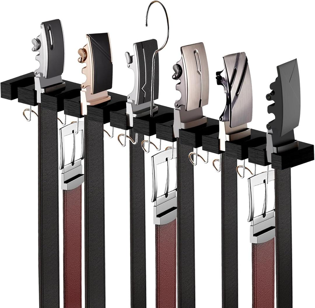 Cuipingoo Belt Hanger for Closet Max 42 Belts, 2-in-1 Wall Mount Belt Organizer with 360 Rotating Hooks, Wooden Tie and Belt Rack for Closet Accessories Organizers and Storage, Black