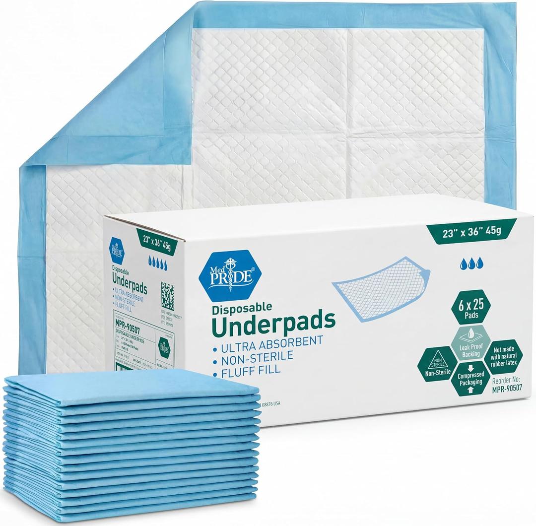 MED PRIDE High Absorbency Liners -Disposable Underpads 23'' X 36'' Incontinence Pads, Bed Covers, Puppy Training | Thick, Super Absorbent Protection for Liquid, Urine, Accidents (150) (25 Count (Pack of 6))