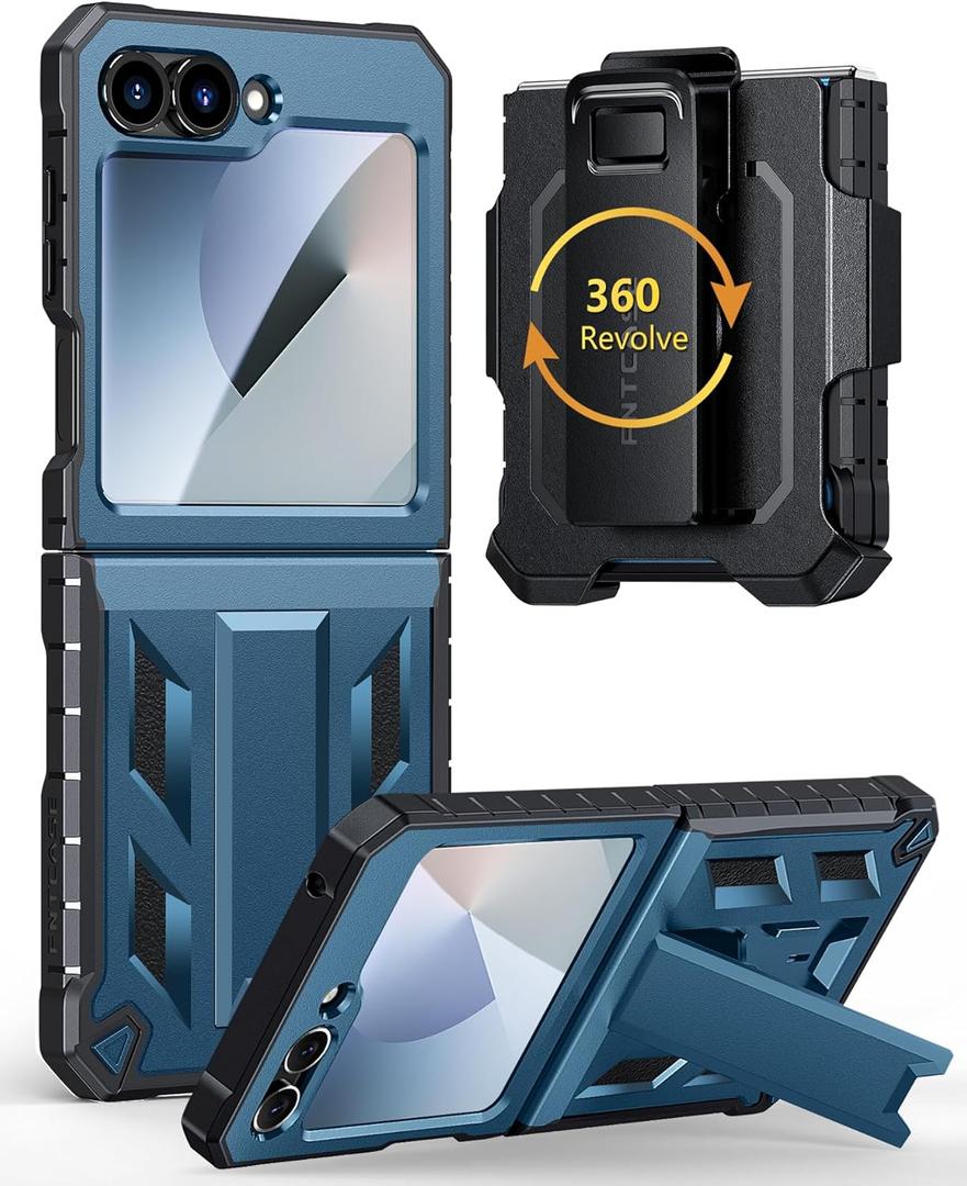 FNTCASE for Samsung Galaxy Z-Flip-6 Case: Military Grade Protection Shockproof Cell Phone Cover with Belt Clip Holster & Kickstand | Protective Drop Proof Rugged Case for Z Flip 6 5G 2024-Blue
