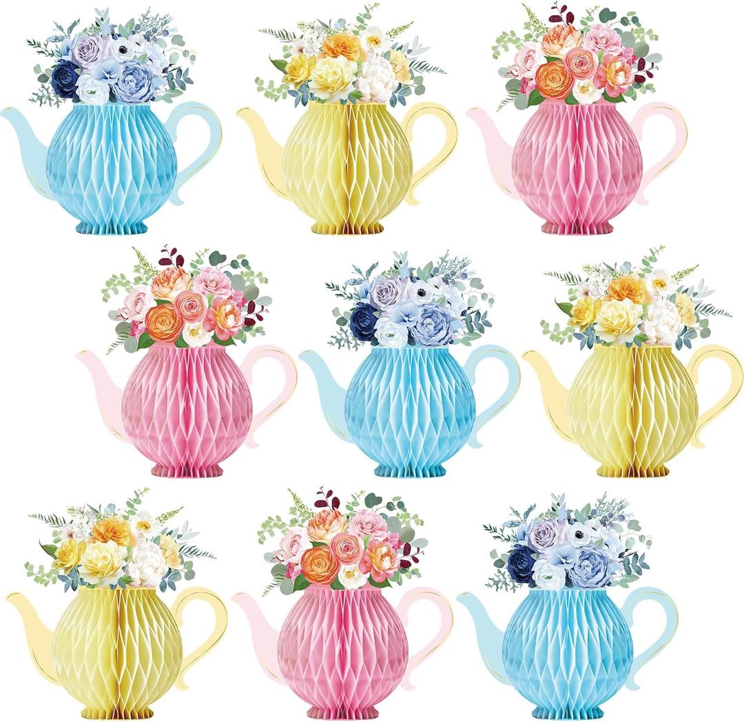 Kathfly 9 Pcs Floral Tea Table Decorations 3D Floral Teapot Honeycomb Centerpiece Princess Spring Teapot Table Centerpieces for Wedding Birthday Party Women Baby Shower Decor