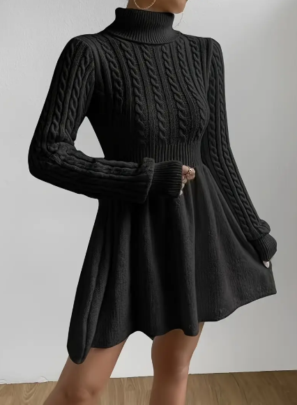 Solid Turtle Neck Dress Elegant Long Sleeve A-line XL Black