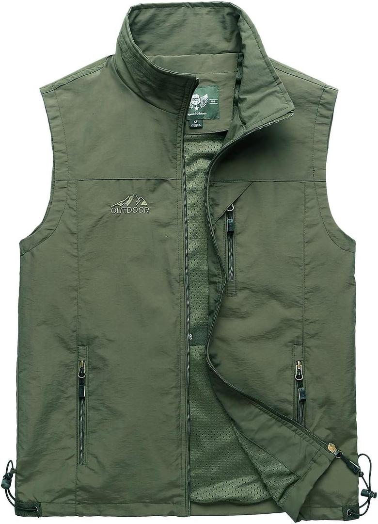 Hixiaohe Mens Lightweight Vest Outerwear Casual Summer Outdoor Travel Vest for Hiking Fishing Golf Photo Work with Pockets (Small, Army Green)