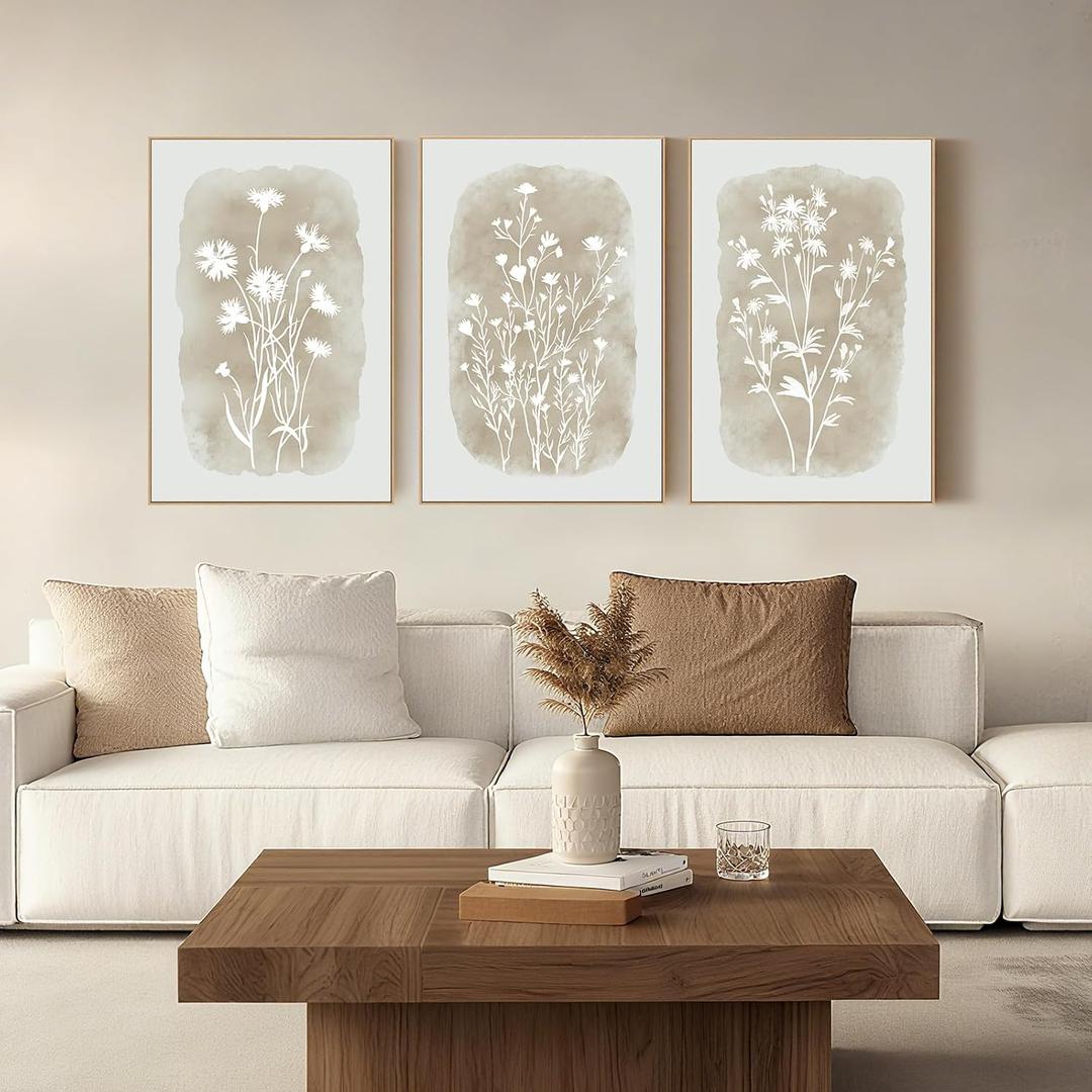Neutral Wildflower Framed Wall Art Boho Botanical Vintage Minimalist Floral Canvas Farmhouse Wall Decor Beige Prints for Living Room Bedroom Office, 3 Panels, 16x24 Inch, 16"x24"x3 Panels Framed