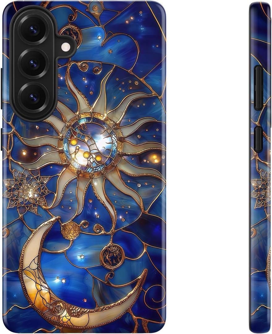 DEENAKIN for Samsung Galaxy S26 Case Cute,Aesthetic Stained Glass Moon and Sun Royal Blue, Compatible with Magsafe, Fancy Cool Retro Western Protective Slim Silicone Phone Cover for Women Girls (Blue)
