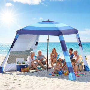Beach Cabana,3 Side Curtains,7.2 * 7.2 FT for 5-6 People,Blue | Beach Canopy with Sand Bags,Easy Beach Shade, Beach Tents for Family, Adjustable Height