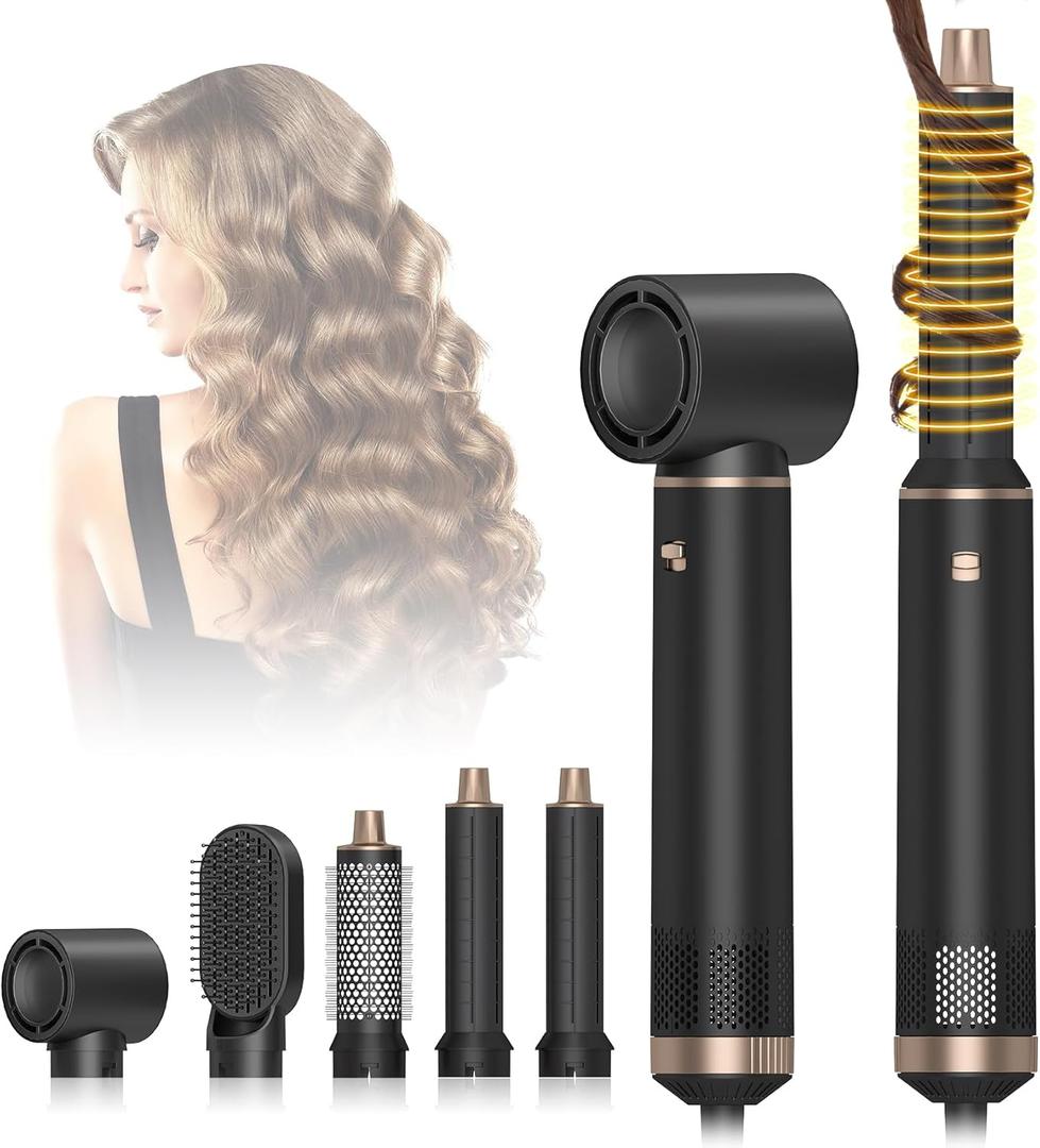5 in 1 Hot Air Brush - Blow Dryer Brush & Air Curling Wrap Styler with Negative Ion Technology, Hair Dryer Brush for Drying, Curling, Straightening & Styling, Holiday Gift for Women (Black)