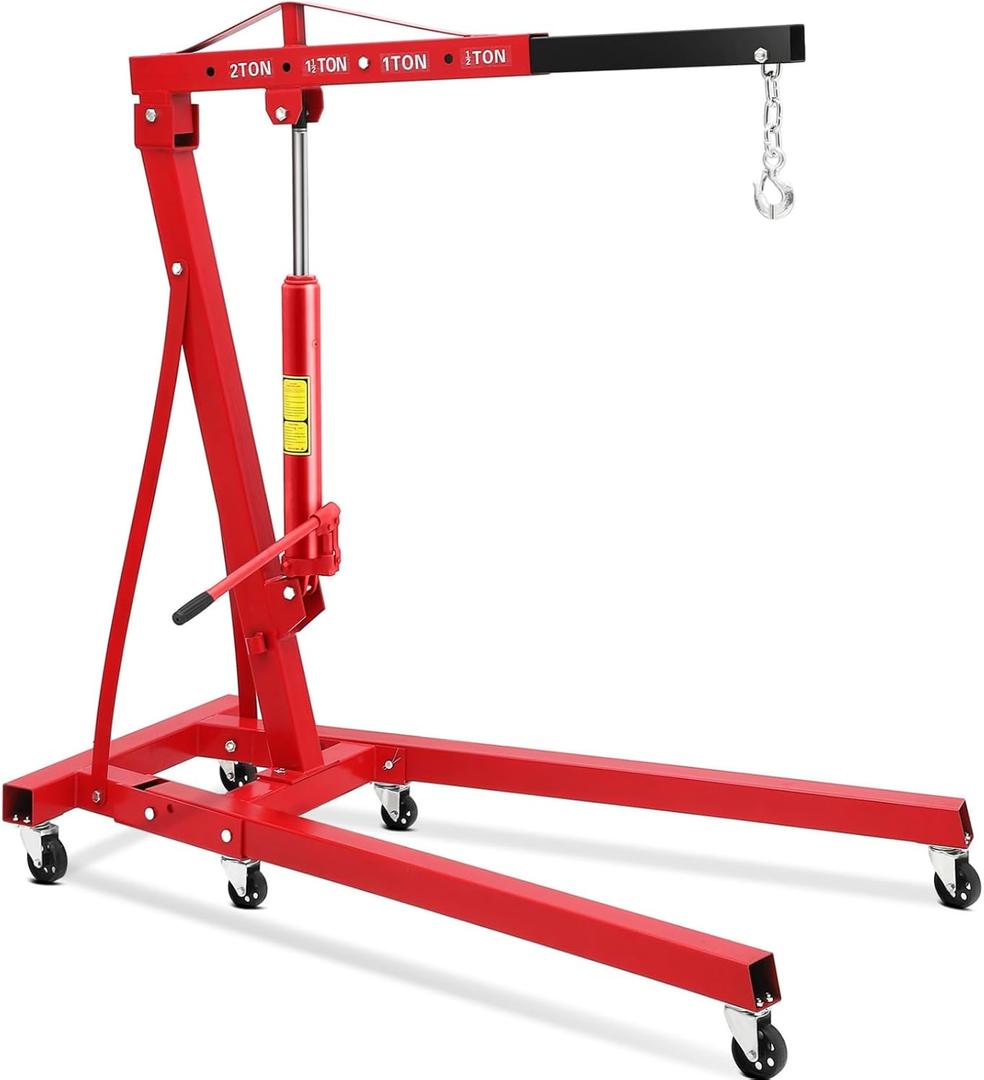 2 Ton Hydraulic Engine Hoist, 4400 LB Foldable Mobile Cherry Picker with 6 Casters & Adjustable Telescopic Booms, Heavy Duty Engine Crane for Garage, Warehouse, Auto Repair, Red