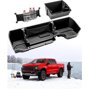 Truck Underseat Storage for Silverado Sierra: 2019-2026 Crew/Double Cab, Rear Under Seat Organizer Tool Box Car Accessory for Chevy Silverado & GMC Sierra 1500 2500HD 3500HD (w/ Detach Bin & Mesh Net)