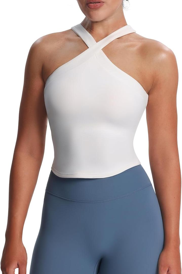Aoxjox Women's Workout Cross-Neck Sport Bras Fitness Padded Elanor Bra Yoga Crop Tank Top (White, X-Large)