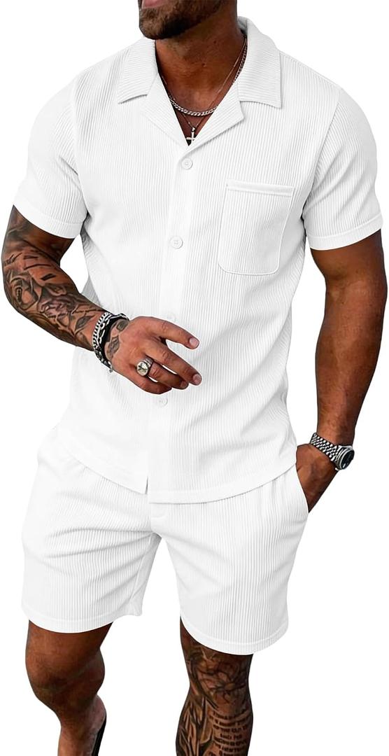 UOUA 2 Piece Short Sets for Men Summer Beach Outfits Stripe Texture Button Down Shirts & Shorts Casual Vacation Set (White, M)