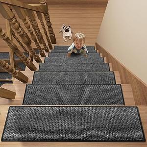 Stair Treads Carpet 7 pcs for Wooden Steps with Non Slip Rubber Backing, 100% Polyester Soft Stairs Resistant Indoor Skid Runner Safety Rugs for Kids Elders and Pets 29 1/2" x 11" (Dark Gray)