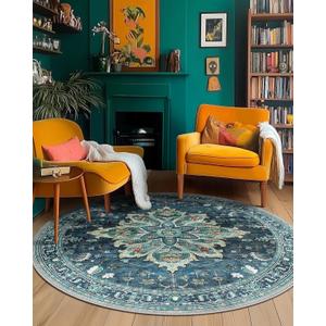 Area Rugs 6ft Washable Non-Slip, Floral Vintage Distress Print Pattern Medallion Carpet for Living Room Bedroom Dining Room, Teal Green Lake Blue