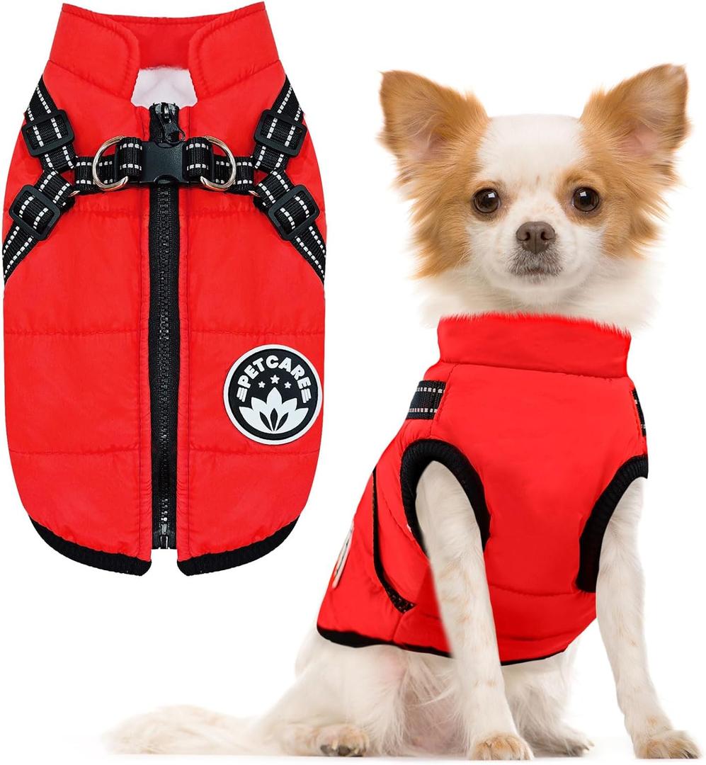 PETCARE Winter Dog Coat with Harness Built in Waterproof Dog Jackets Warm Pet Fleece Vest Windproof Snow Jacket Snowsuit Reflective Dogs Cold Weather Coats for Puppy Small Medium Large Dogs Cats (L(Chest 16.5" Suggest 8-11 lbs), Red)
