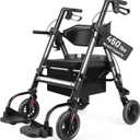 Heavy Duty Rollator Walker for Seniors with Seat, Foldable 2 in 1 Rolling Walkers Wheelchair Combo for Adult, All Terrain Wheels, Adjustable Transport Chair with Brake, 450 lb. Weight Capacity, Grey