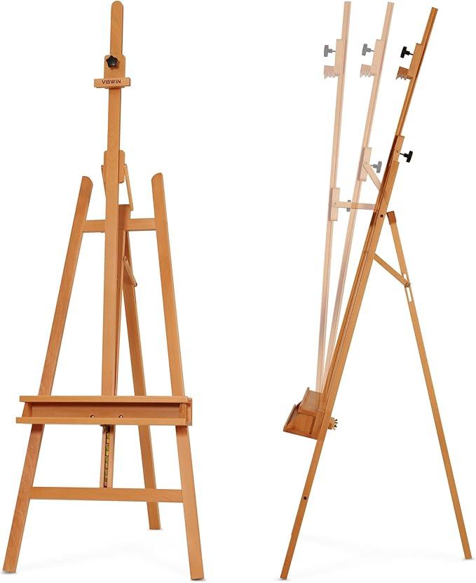 VISWIN Inclinable A-Frame Easel for Painting & Display, Adjustable 65"-89" H, Holds Canvas up to 49", Beech Wood Easel Stand with Storage Tray, Large Art Easel for Adults, Artists, Beginners - Natural