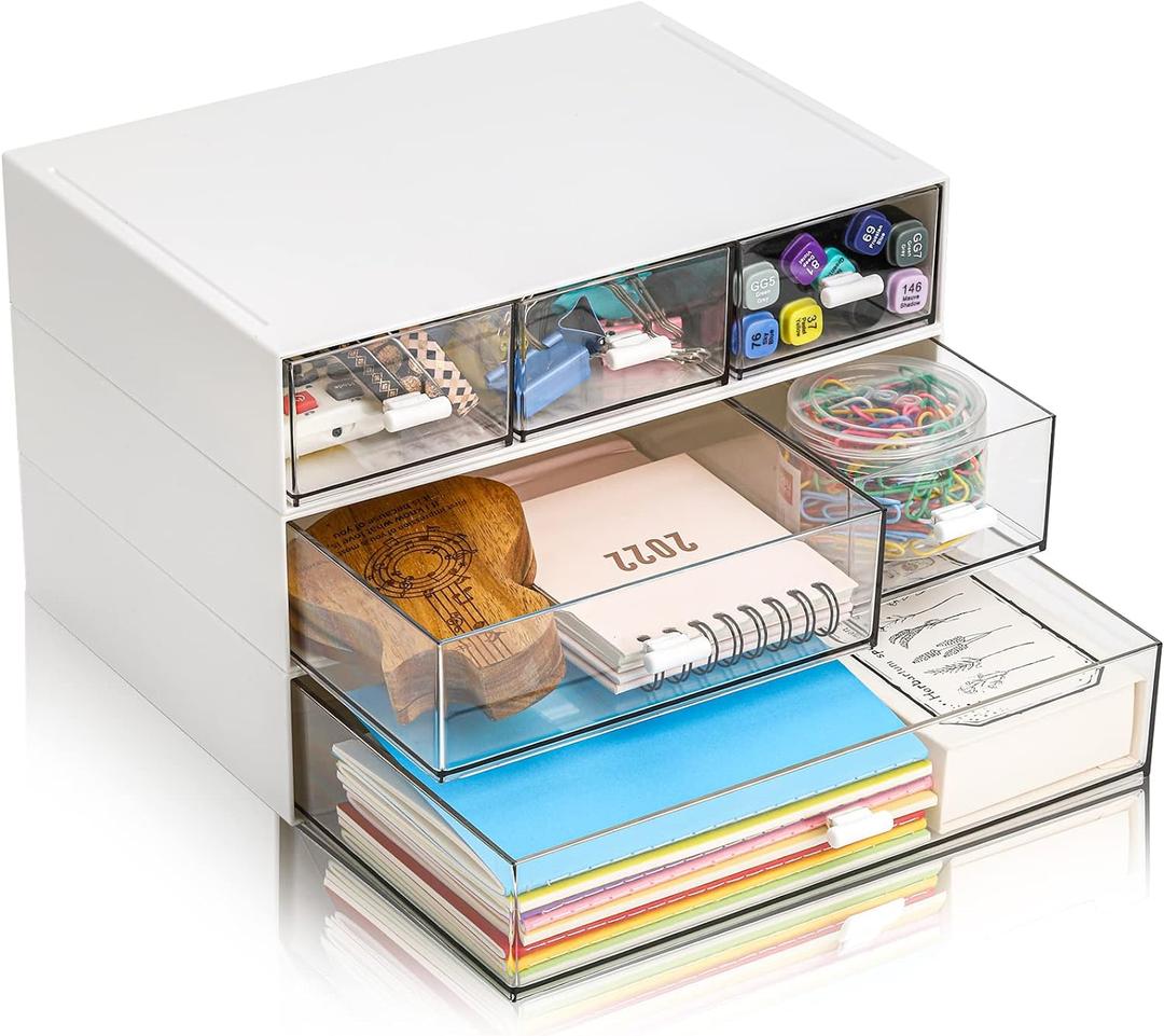 Lyellfe 3 Tier Desk Organizer with Drawer, Stackable Desktop Storage Box, Clear Plastic Office Supplies Jewelry Storage Case, Makeup and Stationary Organizer for Cosmetic, School Supply