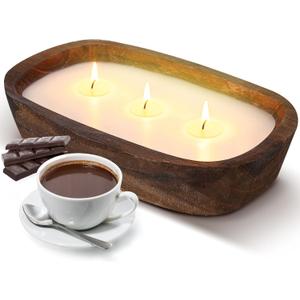 Threlaco 1 Pack 10 Inch Wood Dough Bowl Candles Home Rustic Dough Bowl Soy Candle 3 Wick Scented Candles Gifts for Men Women Farmhouse Table Centerpiece Home Decor for Christmas(Hot Cocoa)