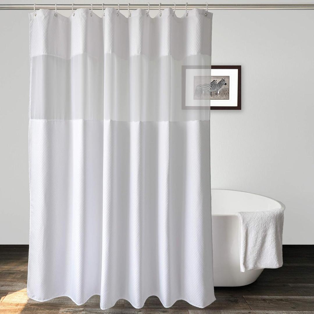 UFRIDAY Waffle Weave Fabric Shower Curtain with Mesh Window, Heavy Duty Decorative Bathroom Curtain with White Pique Pattern, Spa-Like Hotel Luxury, Water-Repellent,72 x 72 Inches