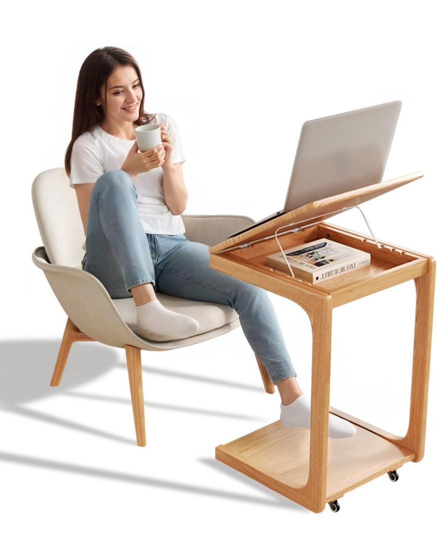 Wooden C-Shaped End Table,Couch Table with Adjustable Desktop,Small Rolling Side Table with 2 Lockable Wheels,Small End Table for Couch, Living Room,Bedroom (Natural)