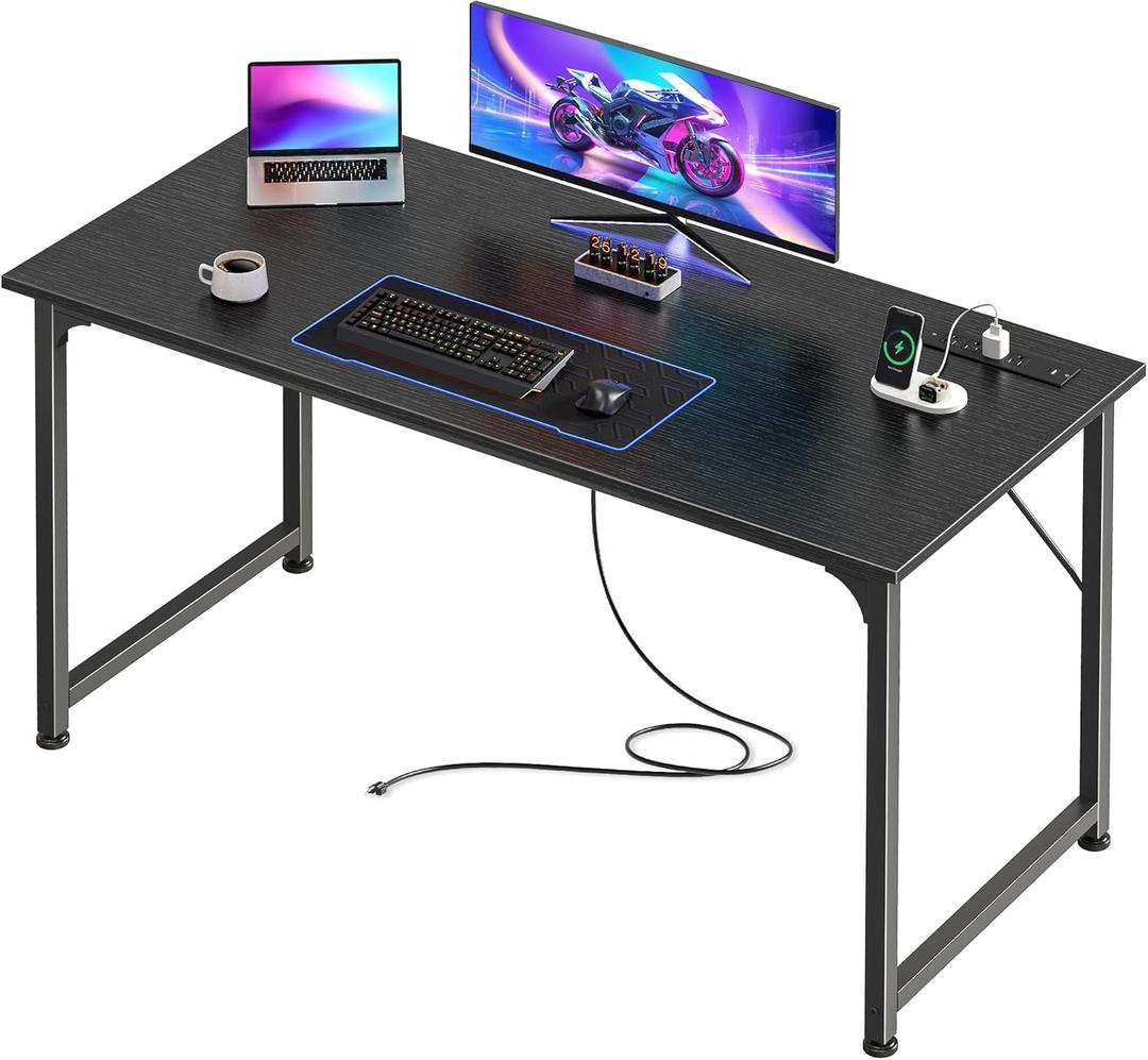 PRAISUN 47 X 20 Inch Office Computer Desk with Power Outlets and USB-C Port, Larger Gaming Desk, for Home Office, Study, Bedroom, Writing Work from Home Table, Metal Frame, Black, 48inch