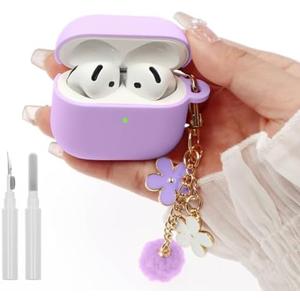 Compatible with AirPods 4 Case, Premium Soft Silicone Protective Case Cover for Apple AirPods 4th Generation with Cleaner Kit, Carabiner and Keychain Accessories for Women Girls