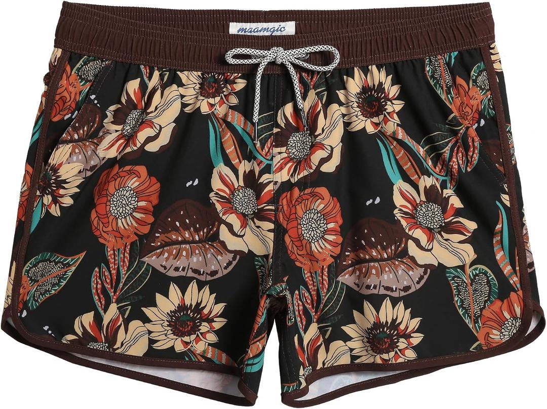 maamgic Mens Swim Trunks Retro Swim Shorts 4 Way Stretch with Mesh Vintage 80s 90s Quick Dry Swimsuits Board Shorts (X-Large, Flower Brown)