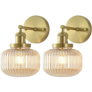 Vintage Wall Sconces with Amber Pumpkin Glass Lampshade, Indoor Bathroom Wall Sconce, Modern Gold Industrial Lighting Fixture for Mirror Living Room Hallway