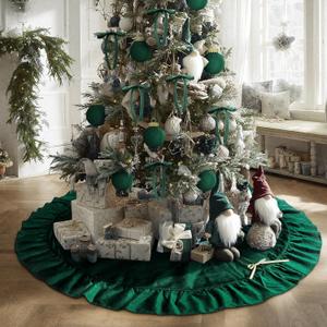 60 Inches Velvet Christmas Tree Skirt Dark Green with Gold Bow Fur Plush Tree Skirt Luxury Xmas Skirts for Merry Christmas Party Vintage Holiday Decorations
