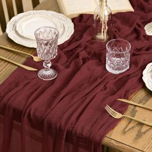 Artoid Mode Boho Cheesecloth Gauze Burgundy Wedding Table Runner, 120 Inch Seasonal Fabric Kitchen Dining Holiday Table Decor for Home Party Indoor