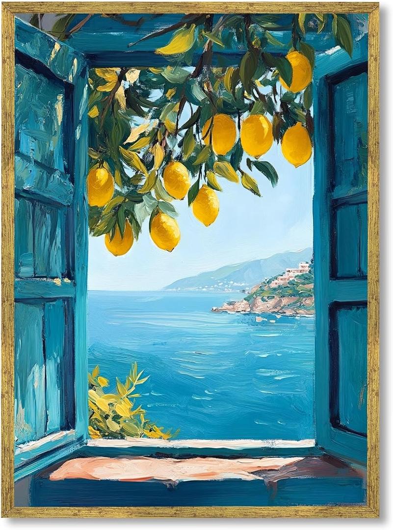 Mediterranean Window View Poster Coastal Wall Art Seaside Wall Decor Lemon Tree Canvas Print For Living Room Bedroom Office 12x16inch Golden frame