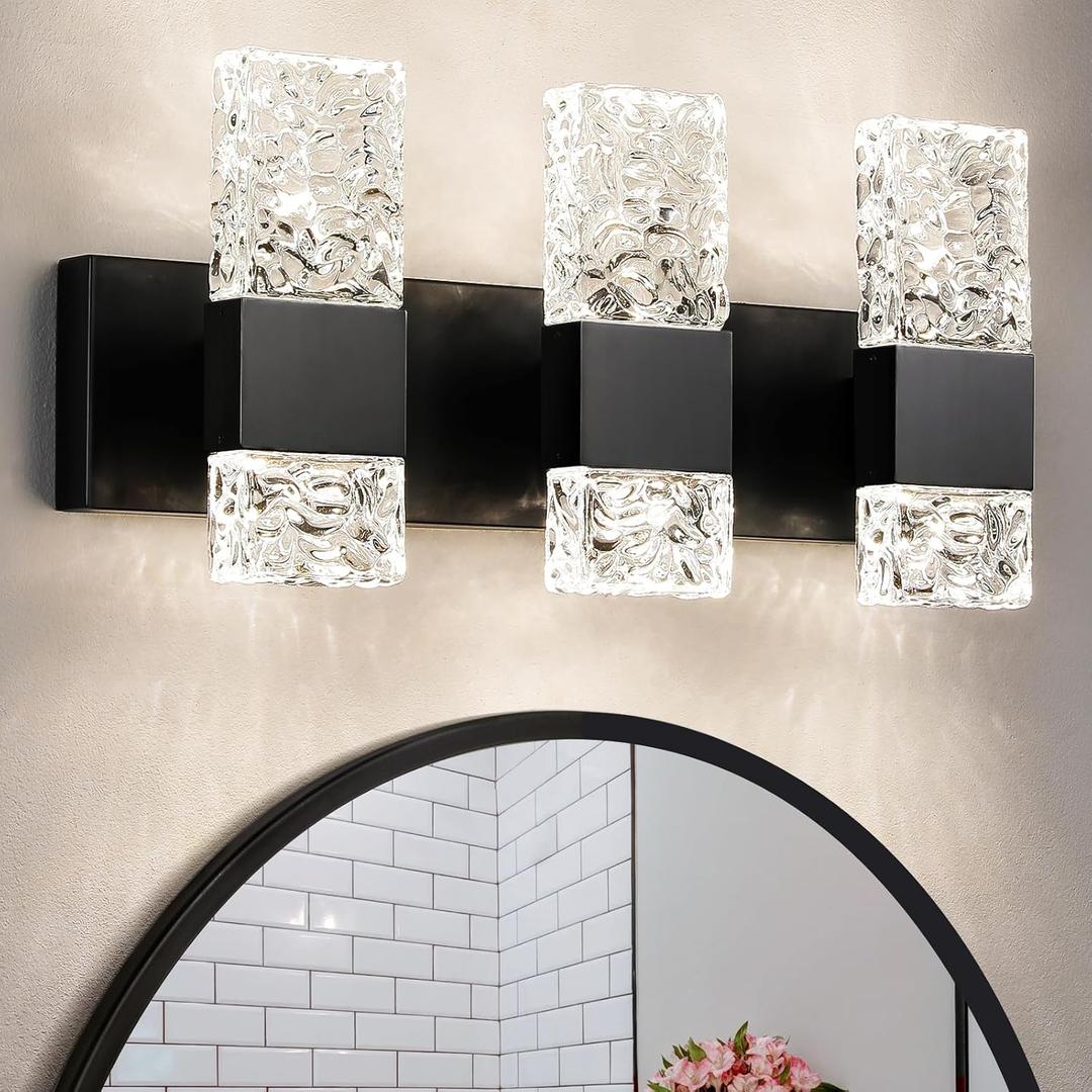 3-Light Modern Bathroom Light Fixtures, 30W Black LED Vanity Lights Over Mirror with Water Ripple Glass Shade, Crystal Wall Sconces 4000K Dimmable Vanity Lighting for Bathroom