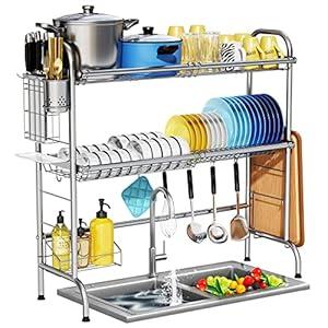 HOWDIA Stainless Steel 2-Tier Over The Sink Dish Drying Rack with Utensil Holder, Large, for Kitchen Counter