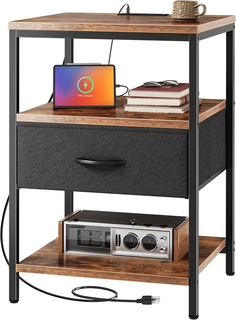 SUPERJARE Night Stand with Charger Station, 27.7 Inch Tall Nightstand with Adjustable Fabric Drawer, Bed Side Table, Fabric Drawer Dresser for Bedroom, Living Room, Rustic Brown and Black