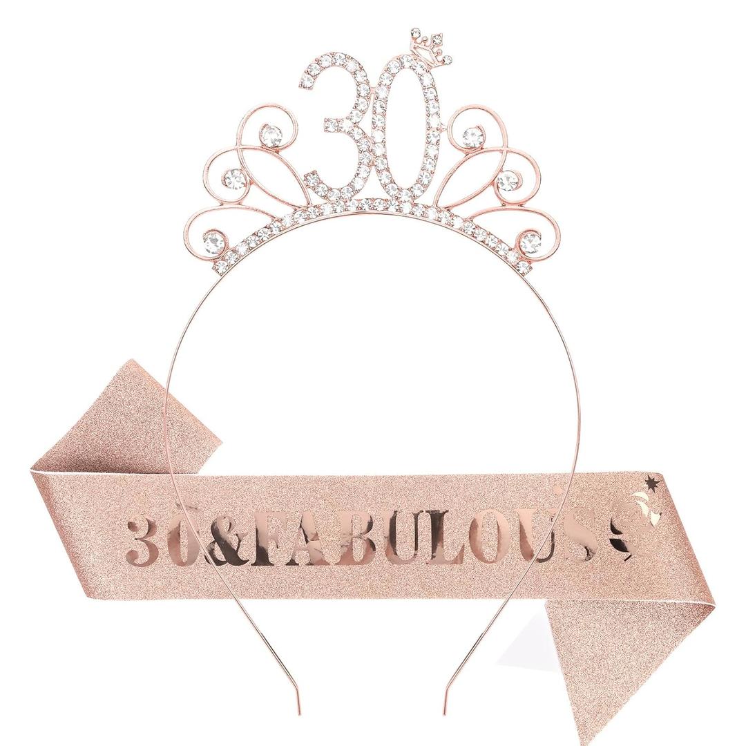Casoty Rose Gold 30th Birthday Sash and Tiara for Women, 30 Fabulous Sash and Crown Set, 30th Birthday Decorations Party Supplies for Women Gifts