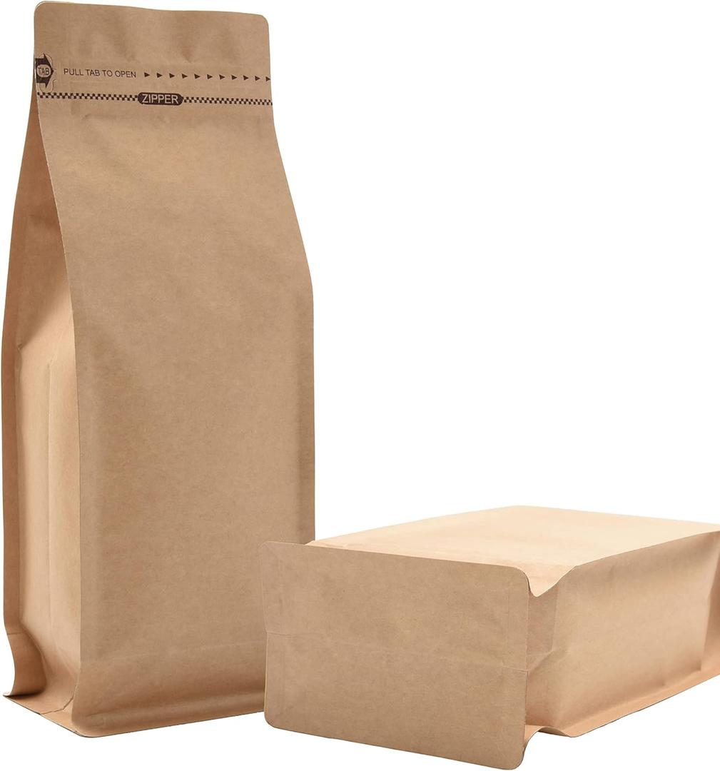 Pack of 50 Kraft Paper Coffee Bag with One-Way Degassing Valve, Stand-up Resealable Zipper Lock, High Barrier Side Gusset Coffee Package Bags, Size 4.33 x 3.15 x 11.8" for 16oz/1lb/500g