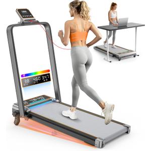 Walking Pad Treadmill with 12% Incline & Dual LED Display, 4 in 1 Walking Pad with Handle Bar, 3.5HP Foldable Under Desk Treadmill, Portable Treadmills for Home 350LBS, 4 Adjustable Incline, RGB Light (Silver)