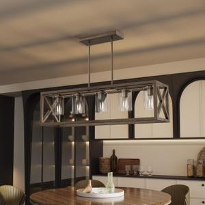 Espird Upgraded Burlywood Dining Room Light Fixture - 5 Light Rectangle Light Fixtures with Clear Glass Shade& Adjustable Height& Thickened Metal Dining Table Lights Fixture Chandeliers for DiningRoom