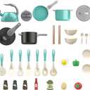 Bruvoalon 32Pcs Kids Play Kitchen Toys Set, Toddlers Pretend Cooking Playset Accessories with Pots Pans, Utensils Cookware, Foods, Canned Veges, Learning Gift for Kids Girls Boys (Green)