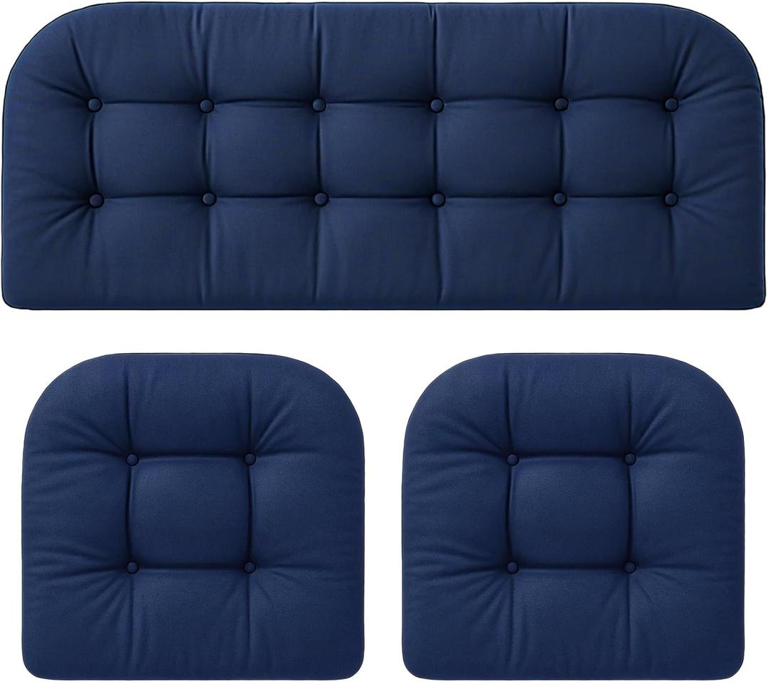 Barydat 3 Pack Wicker Furniture Cushions Waterproof Outdoor/Indoor Tufted Wicker Chair Cushions 1 Loveseat and 2 U-Shape Rattan Chairs for Patio Furniture, Rattan Love Seat, Bench(Navy Blue)