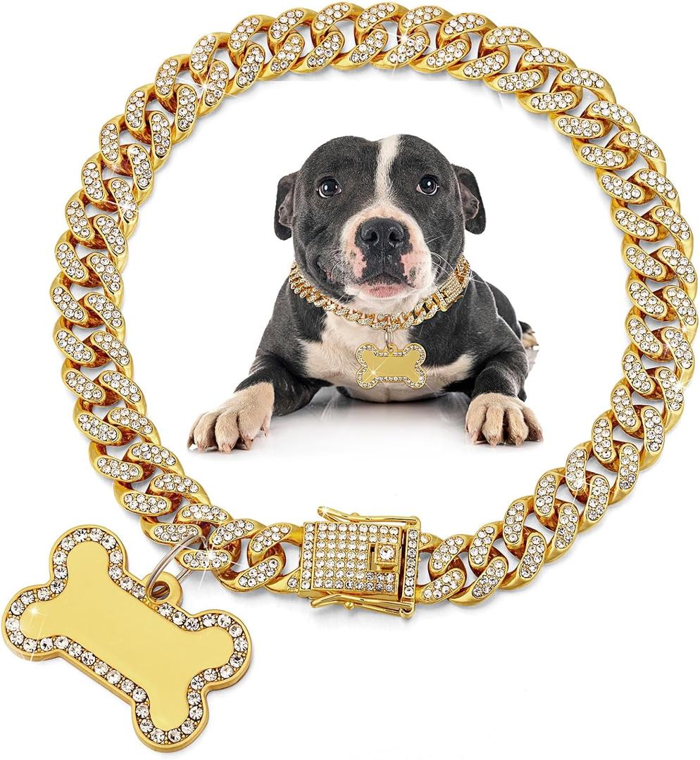 Hillban Dog Chain Golden Diamond Collar with Pet ID Jewelry Tags Rhinestones Stainless Steel Metal Link Collar Walking Chain Necklace for Puppy Boys Girls Small Dogs(16 Inch)