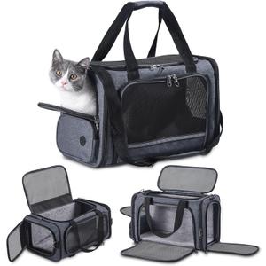 Cat Carrier Pet Travel Carrier by Airplane Approved Under seat, TSA Airline Approved Soft-Sided Dogs Carrier Bag for cat,Dogs,17.5 x 8.5 x 11 inches,Grey