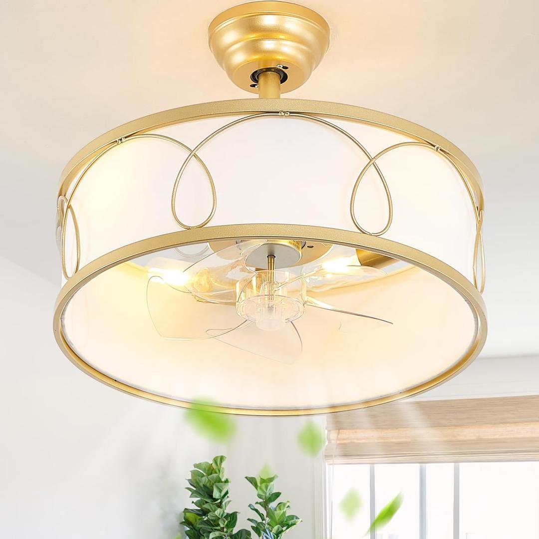 18" Gold Fandelier Ceiling Fan with Light, Mid-Century Modern Caged Ceiling Fans with Lights Remote Control, Fabric Boho Chandelier with 6 Speeds forBedroom, Nursery,Living Room